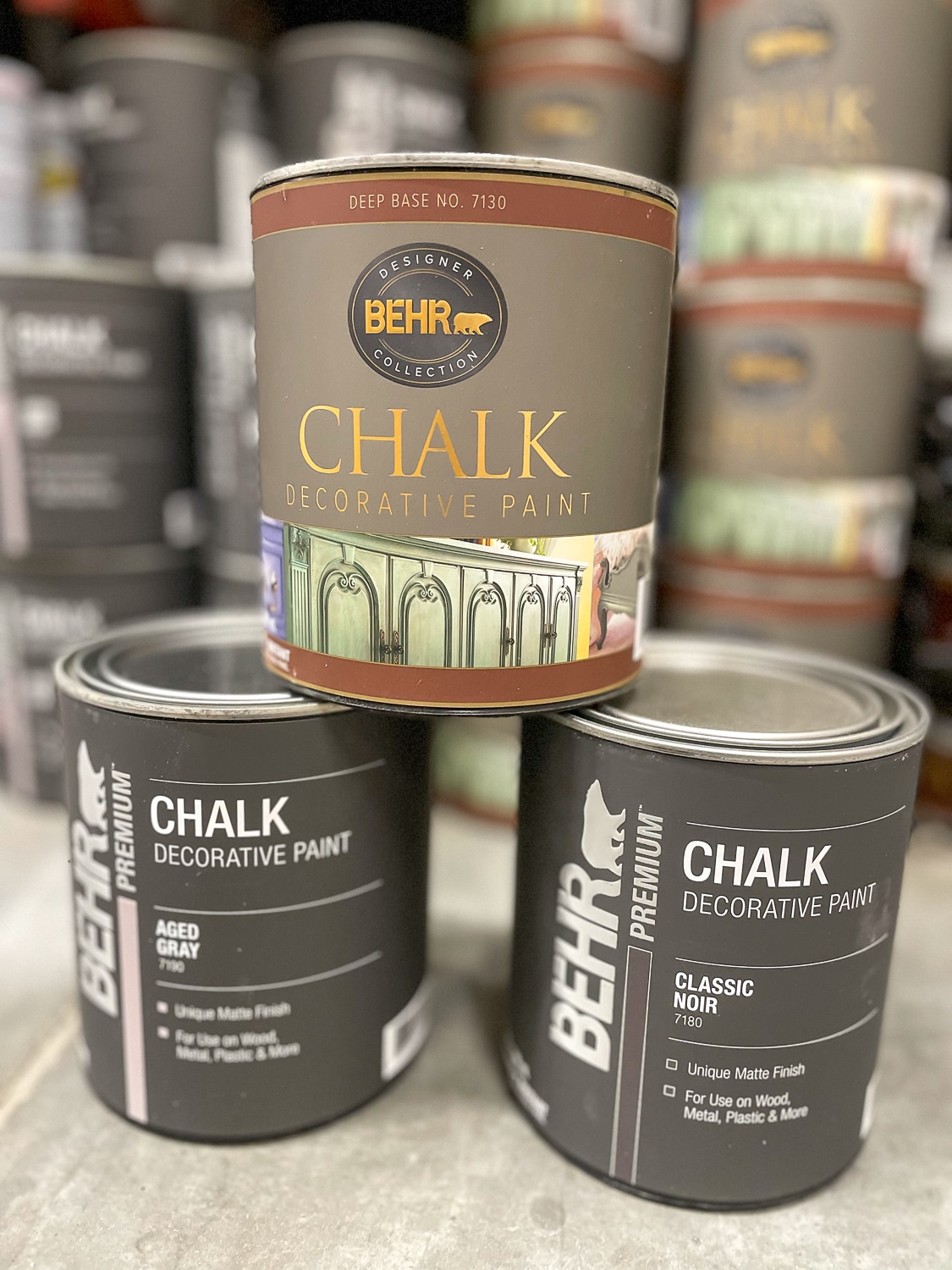 Behr chalk paint cans stacked 