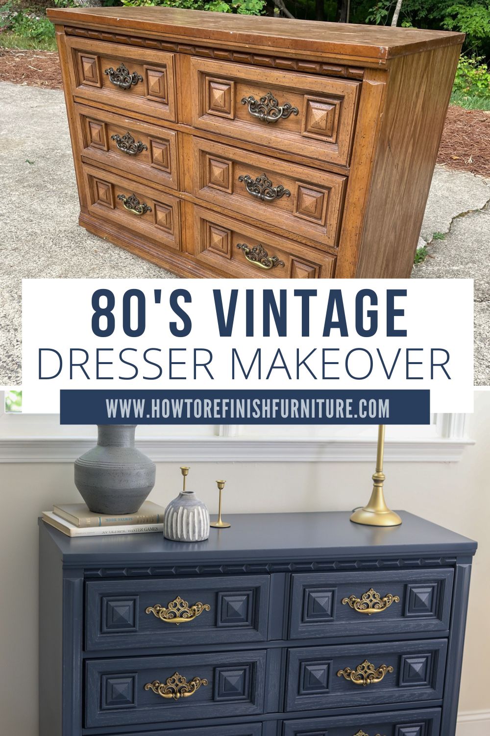 collage image of before and after picture of 80's dresser makeover