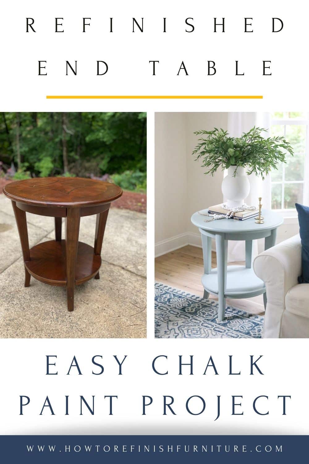 Before and After collage of chalk painted end tables 