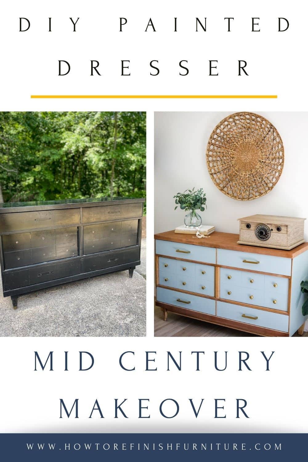 before and after image collage of mid century painted dresser