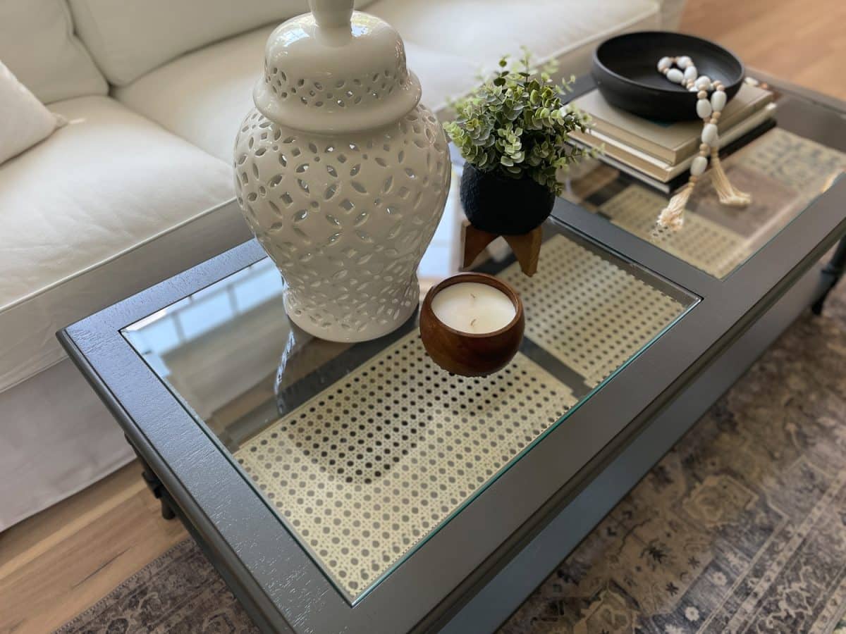 top pic of black and cane coffee table makeover 